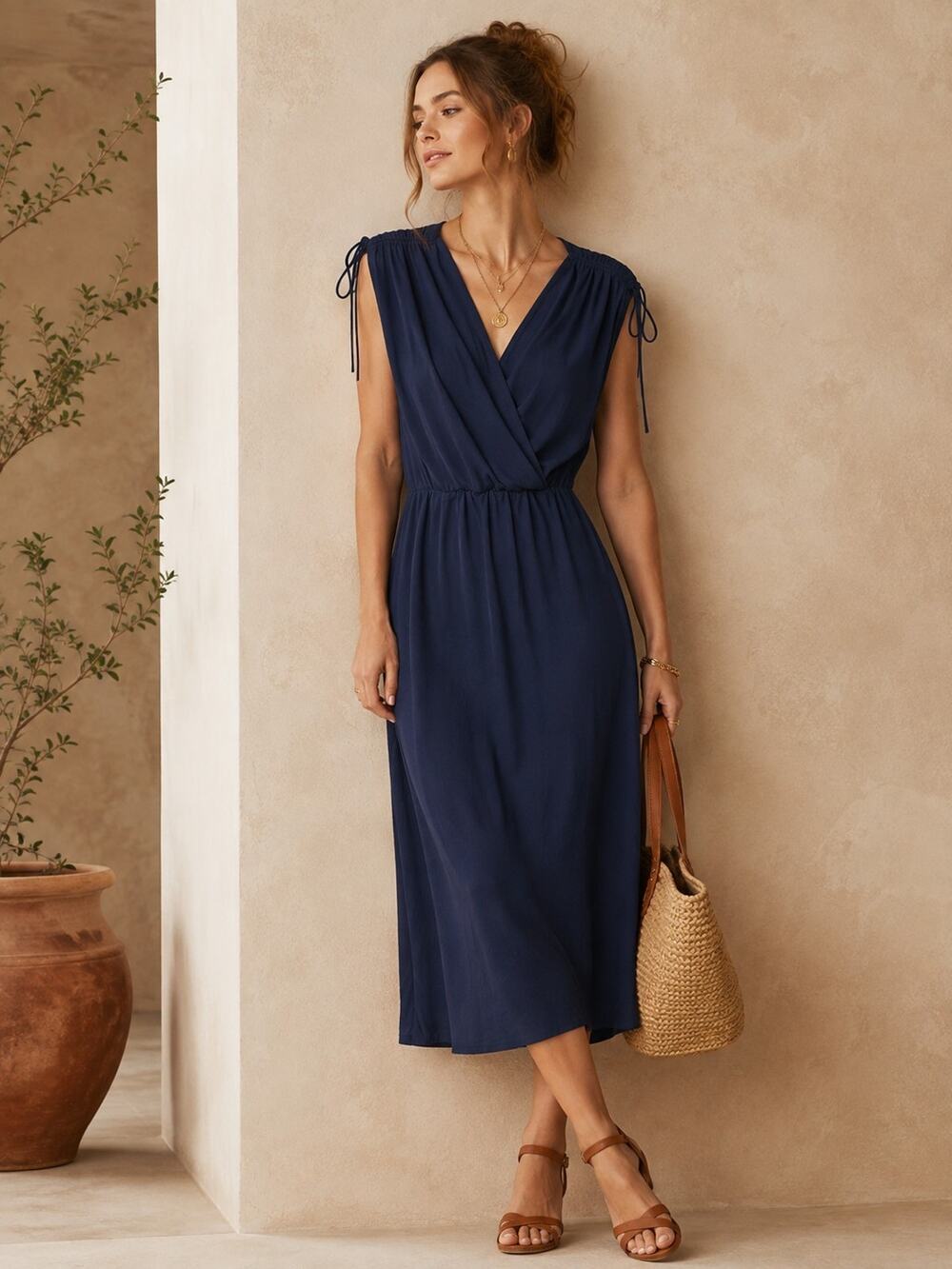 Hutch Anthropologie Midi Dress Navy Ruched Tie Sleeveless Classic Size XL